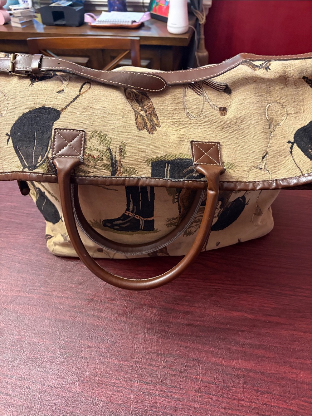 Vintage Oleg Cassini Beige Equestrian-Print Canvas Tote with Brown Trim - Picture 3 of 13